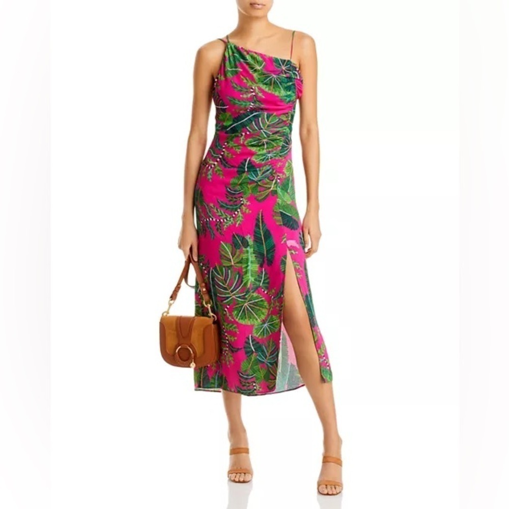FARM Rio Leaves Asymmetric Midi Dress Size L